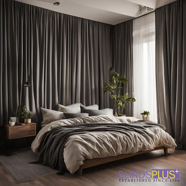Elegant bedroom with blackout curtains