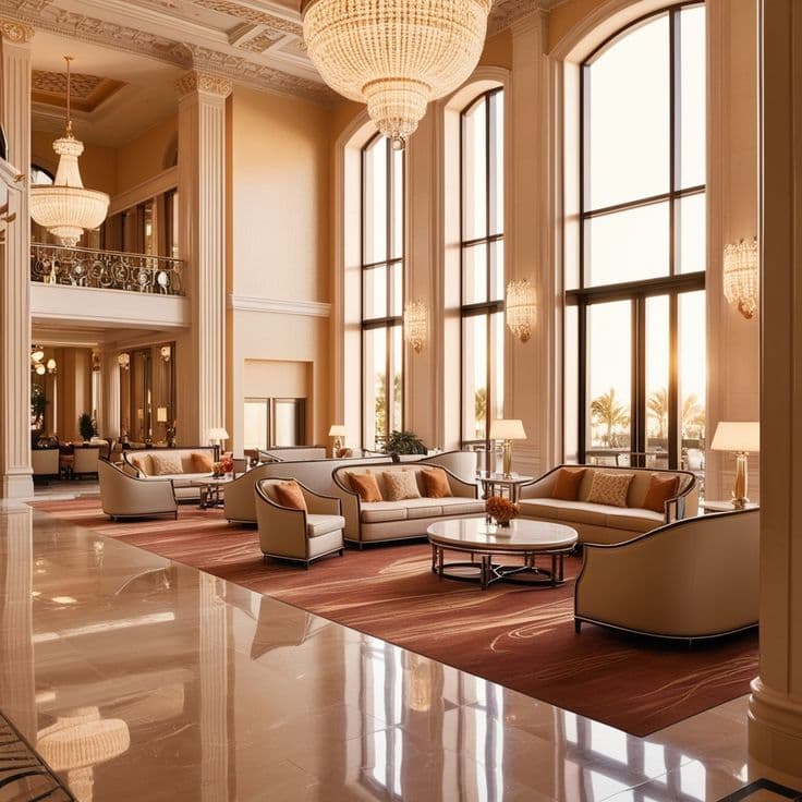 Hotel lobby with custom window treatments